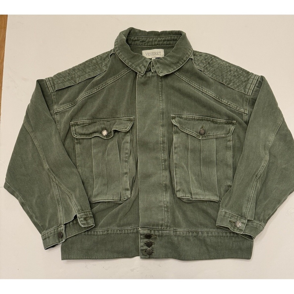 Veveret Women's Green Jean Jacket Large Cotton Army  Baggy Button‎ Up